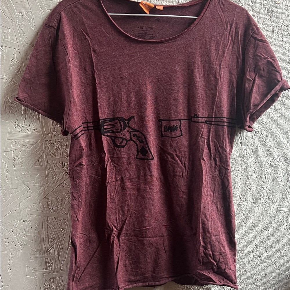 Hugo Boss Maroon Short Sleeve Tee with Black Pistol Graphic